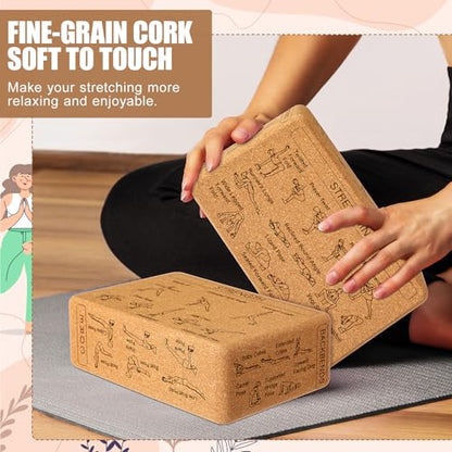 Halloscume Cork Yoga Blocks 2 Pack Yoga Poses Teaching Cork Blocks, Suitable Poses for Beginners and Experts High Density Block with Non Slip Surface for Better Support, Balance Comfort (Beige)