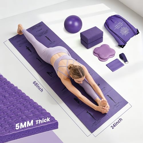 Foldable Yoga Mat and Blocks Set for Women with 2 Pack Yoga Blocks and Strap,Thin Non Slip Pilates Mat with Bag, Home Workout Equipment Essentials Starter Kit for Beginners Full Body Toning - color: Purple