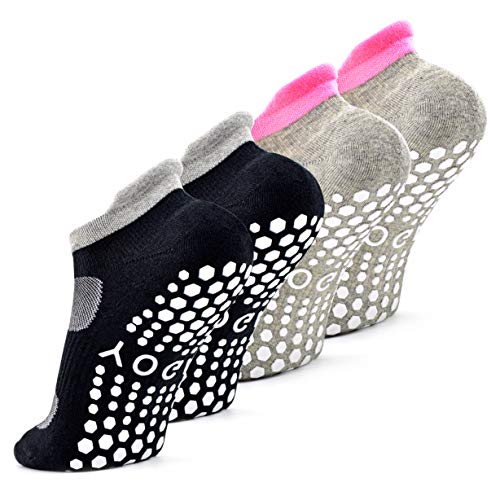 Busy Socks 2 Pack Women Ankle Non Slip Yoga Pilates Grip Socks with Cushion - color: 2 Pairs Black/Gray