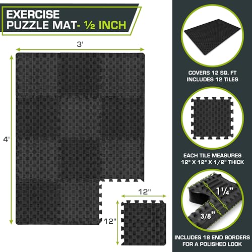 ProsourceFit Exercise Puzzle Mat ½-inch, Checkered EVA Foam Floor Tiles w/ Non-Slip Texture, Interlocking Design for Adjustable Gym Surfaces, Shock Absorbing, Black, 12 SQ FT - 12 Tiles