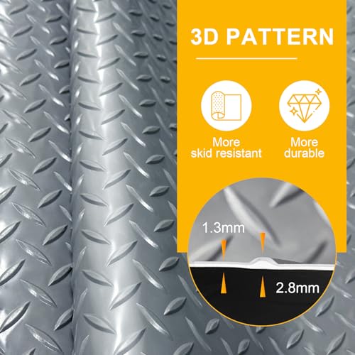 4x6FT Garage Floor Mat, 2.8mm Thickened Flooring Roll for Under Car, Golf Cart Parking Mat, Diamond Plate PVC Rubber Motorcycle Mat, Non-Slip Floor Protector for Garage Warehouse Trailer, Grey