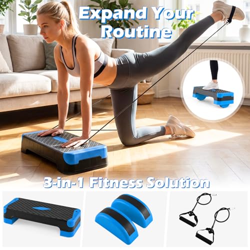 Goplus 3-in-1 Aerobic Step Platform, 600 LBS Adjustable Exercise Stepper with 4-Level Risers, Balance Trainers, Resistance Band, Non-Slip Workout Stepper for Home Gym, Cardio, Strength Training