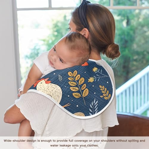 Roosters Dark Blue Muslin Burp Cloths 1 Pack - Extra Large 22"x11", 4-Layer Soft Absorbent Cotton, Waterproof Backing, Baby Drool Rags for Newborn