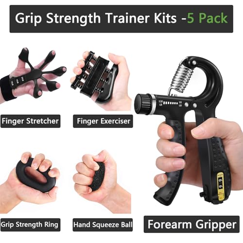 Grip Strength Trainer Kit (5 Pack), Grip and Forearm Strengthener, Finger Strengthener, Adjustable Resistance Hand Gripper, Grip Ring, Stress Relief Ball for Muscle Building, Injury Recover
