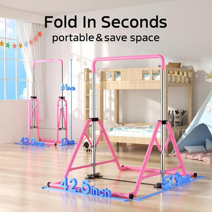 Expandable Kids Gymnastics Kip Bar - Upgraded Dual Base, Folding Adjustable Height 44''-60'', 350LBS Weight Limit, Anti-Slip Suction Feet, Home Training Bar for Kids Ages 3-13 (Pink)