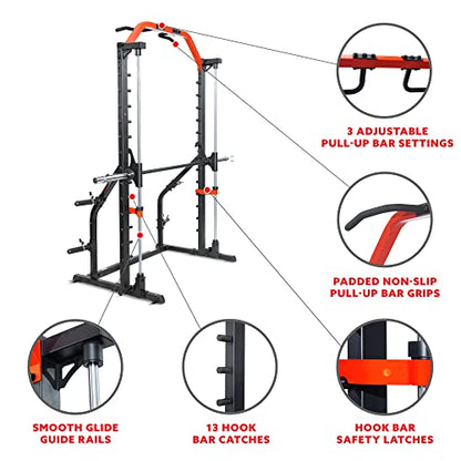 Sunny Health & Fitness Premium Smith Machine & Squat Cage Rack, Pull-Up Bar, Spotter Blocks for Weightlifting & Bench Press for Home Gym Strength Training - style: Premium