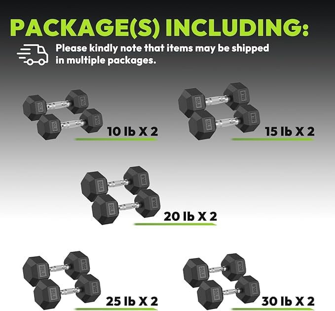 HANDBODE Rubber Coated Hex Dumbbell Set, 90-640 lb - size: 200 lb Set (Pair of 10, 15, 20, 25, 30 lb)