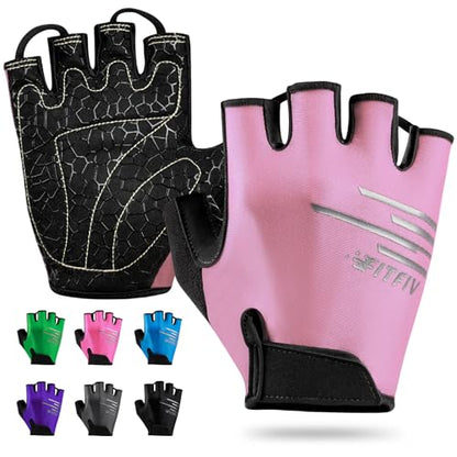 Cycling Gloves for Men and Women, Half Finger Padded Bike Gloves - color: I Light&Pink, size: X-Large