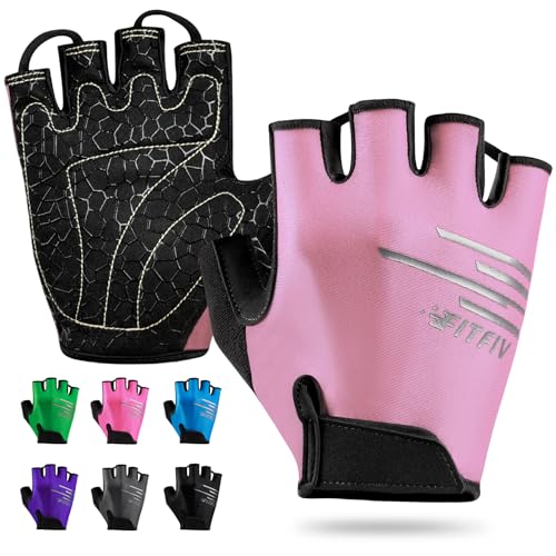 Cycling Gloves for Men and Women, Half Finger Padded Bike Gloves - color: I Light&Pink, size: Large