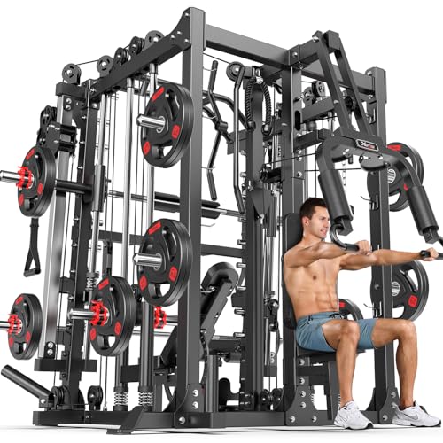 XGSW Smith Machine Home Gym, Multi-Function Power Cage with Dual Pulley Cable Crossover System,Squat Rack for Full-Body Workouts - color: L07, size: Black---Smith Machine+bench+(pole+Cast lron)250LBS