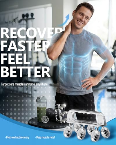Yeamon Stainless Steel Handheld Muscle Roller, Deep Tissue Body Massager with 3 V-Shaped Roller Sets, Ergonomic Grip Manual Massage Tool for Arms, Legs & Back Relief, Post Workout Recovery