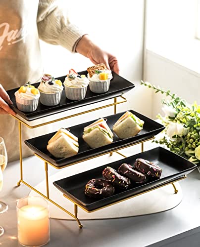LYEOBOH 3 Tier Serving Tray, Porcelain Tiered Serving Stand with Platters - color: Black, style: 14inch Rectangle platter