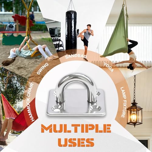 4 Pack Heavy Duty M6 304 Stainless Steel Pad Eye Plates with Snap Hooks, Swing Hanger Hardware Kit for Hammock Chair, Porch Swing, Yoga Swing, Ceiling Mount Anchor, Indoor & Outdoor Use