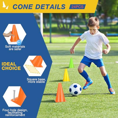 24pcs Cones 9 Inch Soccer Cones and Plastic Traffic Cones, Durable Cones for Sports Training, Ideal for Soccer, Basketball, Football, Skating, and Agility Drills Practice