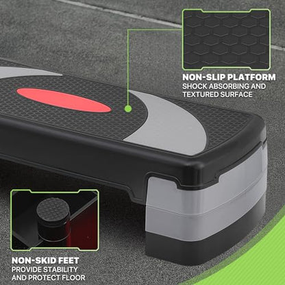 Aerobics Stepper Platform for Exercise Adjustable Compact Workout Step for Cardio, Core and Strength Training