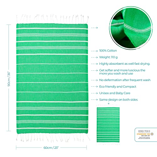 Cacala 100% Turkish Cotton Kitchen Tea Towels, Highly Absorbent Luxury Soft Quick Drying Dish Towel with Hanging Loop for Gym, Yoga, Bath, Sports, Cleaning and Kitchen (23 x 36), Green - color: Green