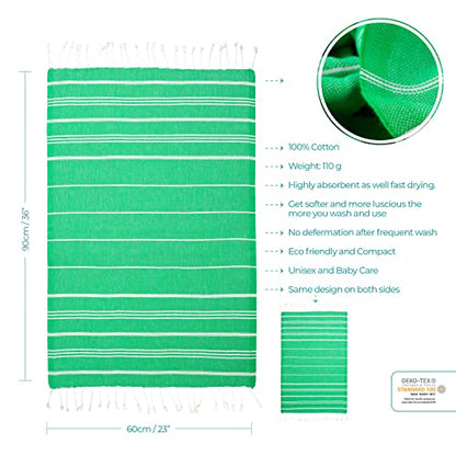 Cacala 100% Turkish Cotton Kitchen Tea Towels, Highly Absorbent Luxury Soft Quick Drying Dish Towel with Hanging Loop for Gym, Yoga, Bath, Sports, Cleaning and Kitchen (23 x 36), Green - color: Green