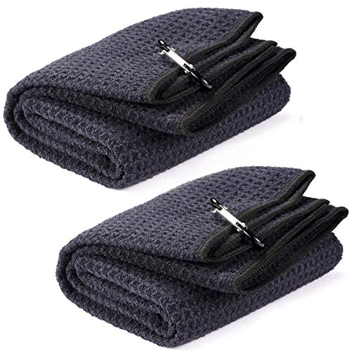2 Pack 16" x 24" Tri-fold Golf Towel Set, Microfiber Fabric Waffle Pattern Towels, Heavy Duty Carabiner Clip (2 Pcs, 2 Colors) - color: 4:all Black