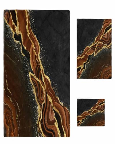 Marble Brown Bath Towels for Bathroom Set - Luxury Towels Gifts for Women,Dry Beach Kitchen Hand Hair Face Yoga Workout Gym Towel and Dish Washcloth,Gradient Abstract Modern Minimalist Black Gold