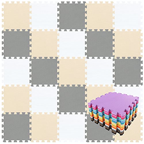 qqpp EVA Rubber 18 Tiles Interlocking Puzzle Foam Floor Mats - Baby Play Mat for Playing | Exercise Mat for Home Workout. White, Beige, Gray. QC-AJLb18N - color: 3 White, Beige, Gray, size: 18 Tiles