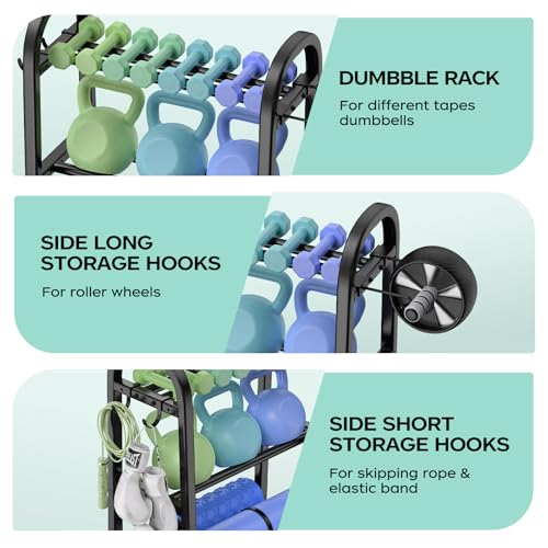 3 Tier Dumbble Rack - 360LB Capacity Adjustable Dumbbell Storage Rack Space-Saving Home Gym Weight Rack For Dumbbells And Kettlebells With Hooks (Dumbbell Rack Stand Only)
