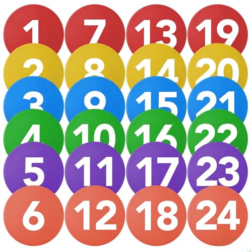 24 Pack Numbered Non-Slip Spot Markers - 7.6 Inch Agility Dots, Flat PVC Floor Dots with Anti-Slip Back for Sports Training, Gym, Football, Basketball Drills - 6 Colors