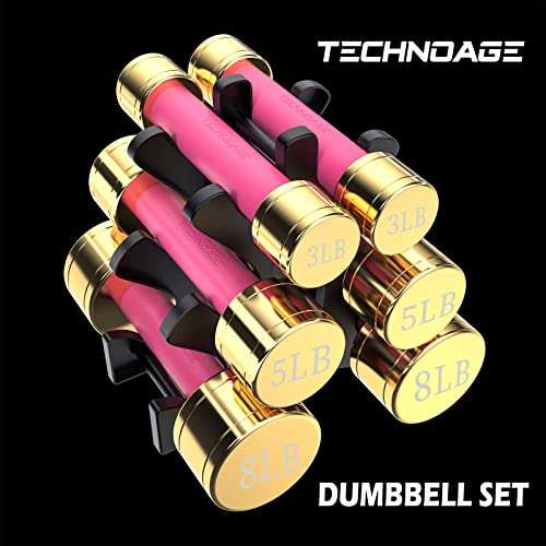 TECHNOAGE Round Dumbbell Sets with Steel Handle, Odorless Neoprene rubber Handle Cover - color: Rose Red-6PC