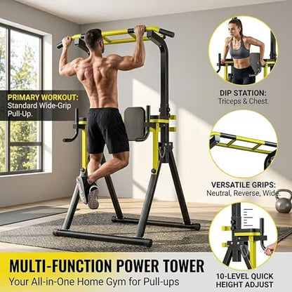 Freestanding Pull Up Bar Station, Foldable Pull Up Tower & Dip Station for Home Gym Workout, Portable| 10-Level Adjustable Height| Heavy Duty Steel| 440 LBS - color: Black+Yellow