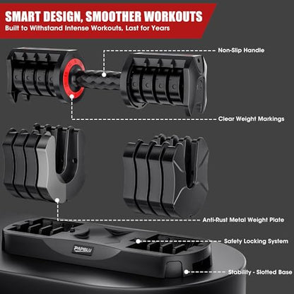 Adjustable Dumbbells Set of 2, 25LBS Adjustable Weight Dumbbells Set, 5 in 1 Free Weights with Anti-Slip Handle for Home Gym, Full-Body Strength Training (Men & Women)
