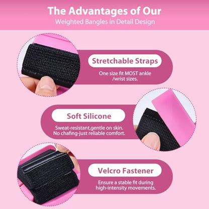 Pilates Wrist and Ankle Weights for Women - Adjustable Weighted Bangles for Men, 2 lbs Weighted Arm Bands Foot Leg Weights for Walking, Yoga, Training, Exercise, Running, Set of 2 (1LB Each) - color: Rose Red