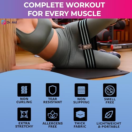 Dr. Aid Fabric Resistance Bands for Women & Men – 4 Booty Bands Set (2 Sizes, 2 Tension Levels) – Non-Slip, Non-Curl, Tear-Resistant, Extra Stretchy Workout Bands for Legs, Hips, Glutes & Butt