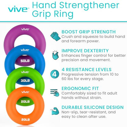 Vive Hand Strengthener Grip Ring - Forearm Ring Hand Exercisers - Silicone Squeezer Gripper for Muscle Strengthening Training Tool - Arthritis Finger Physical Therapy PT Kit Trainer - color: Multicolor (4 Pack)