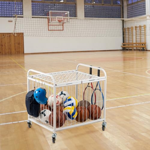 MyGift Large Capacity Metal Rolling Multi Sports Ball Cage Storage Hopper, Gym Equipment Basket Cart with Lockable Latch, Heavy Duty Caster Wheels, and 8 Accessory Hooks