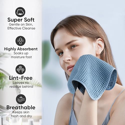 Microfiber Waffle Face Towels, 2 Pieces, Oversized, Soft, Absorbent, Fast Drying, Lint Free 430 GSM (Blue) - color: Blue