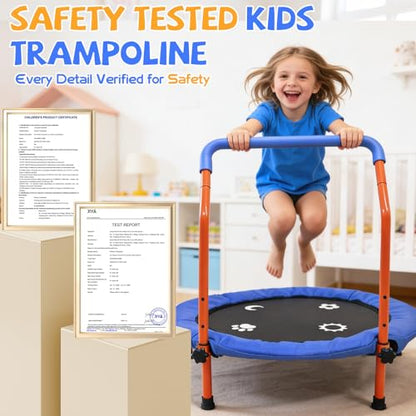 36" Trampoline for Kids - ASTM Certified Foldable Toddler Trampoline Indoor/Outdoor, Mini Rebounder with Foam Handle, Safe Quiet Stable, Easy to Assemble, Gift for Kids
