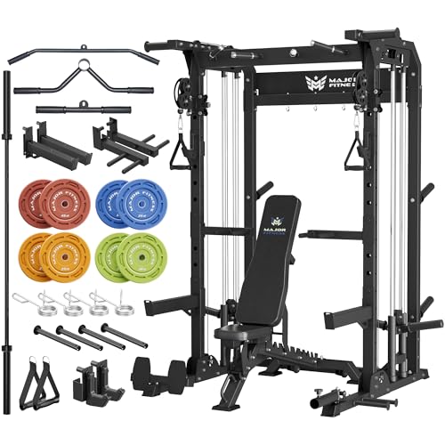 MAJOR FITNESS F22 Power Rack, 1600lbs All-in-One Squat Rack with Dual Pulley System, Heavy-Duty Steel Frame, Attachments & Storage for Home Gym Strength Training - color: Black, style: F22 (with Bench Elite BK & 230LB NEW & 7ft Bar)