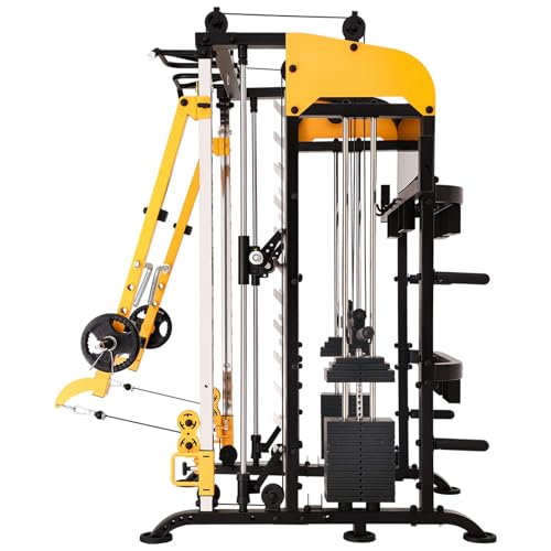 3061B Smith Machine with Adjustable Lever Arms, 2:1 Pulley Ratio All-in-One Home Gym System, Commercial Grade Squat Rack with Dual 440lbs Weight Stacks & Attachment (Safe Solo Training)