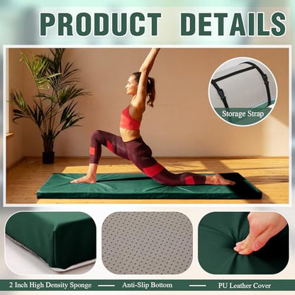 Lyrow 2 Inch 72"x24" Thick Foldable Yoga Mat with Carry Strap, Non-slip Portable Foam Gym Mat for Yoga, Pilates and Stretching - color: Dark Green