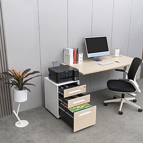 3 Drawer Locking File Cabinet, Under Desk Metal Filing Cabinet for Legal/Letter/A4 File, Fully Assembled Include Wheels, Home/Office Design (White+Cherry)