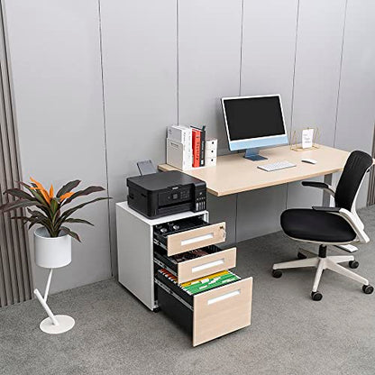 3 Drawer Locking File Cabinet, Under Desk Metal Filing Cabinet for Legal/Letter/A4 File, Fully Assembled Include Wheels, Home/Office Design (White+Cherry)