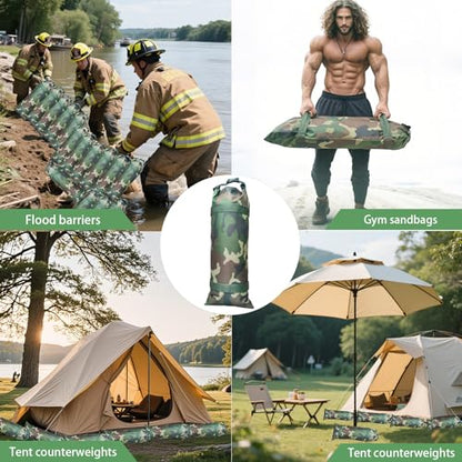 Flood Barrier Sand Bags Camouflage Canvas Flood Protection Sandbags & Reusable With Insert Buckle Handle Woodland Sandbags for Emergency Flood Protection Fits Doors Garages Basemen Counterweights (6)