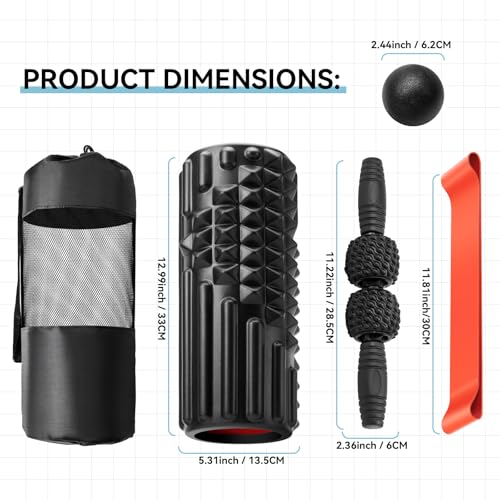 5 in 1 Foam Roller Set, High Density Fitness Exercise Foam Roller for Deep Tissue Muscle Massage, Massage Roller, Massage Ball, Resistance Band, for Whole Body(Black) - color: Black