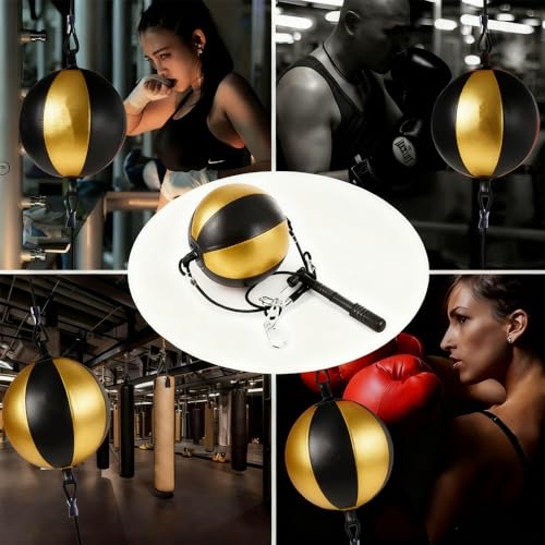 Double End Punching Bag Boxing Striking for Training - Speed Ended Set Includes 3 Reflex Ball Headband and Pump- Portable MMA - color: Yellow