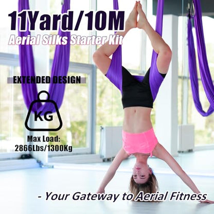 Aerial Silks Kit & Aerial Yoga Hammock - 11Yd Premium Fabric with Hardware - Easy Setup for Flying Yoga, Aerial Swing & Fitness - Supports Up to 14ft Rigging