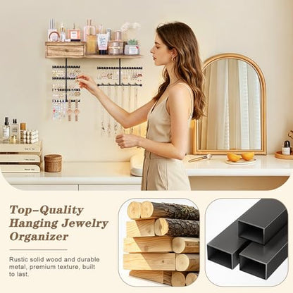 Jewelry Organizer Hanging Wall Mounted Jewelry Holder with Rustic Wood Drawer & Large Capacity Storage Shelf Rack Display for Earrings Rings Necklaces Bracelet - color: Carbonized Black