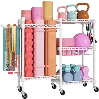 FUTASSI Home Gym Storage, 3 Tiers Workout Equipment Organizer with Wheels for Yoga Mats, Foam Roller, Dumbbells, Kettlebells, and Resistance Bands
