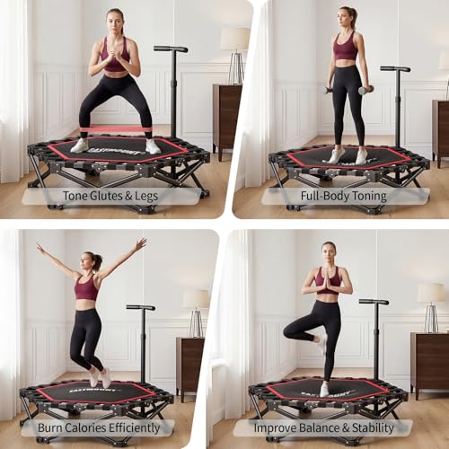 EAST MOUNT 42" Foldable Mini Trampoline for Adults, Quiet Fitness Rebounder with Adjustable Handle, No-Assembly Indoor Exercise Trampoline, 450LBS Capacity