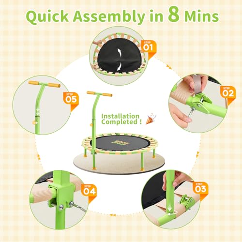 36'' Mini Trampoline for Kids 3-6, Foldable & Spring-Free, Small Toddler Trampoline Indoor Outdoor with Adjustable Handle Bar - color: Yellow & Green