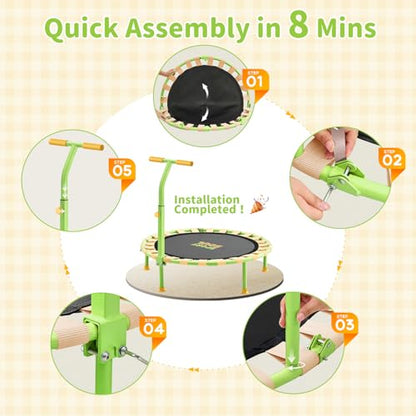 36'' Mini Trampoline for Kids 3-6, Foldable & Spring-Free, Small Toddler Trampoline Indoor Outdoor with Adjustable Handle Bar - color: Yellow & Green
