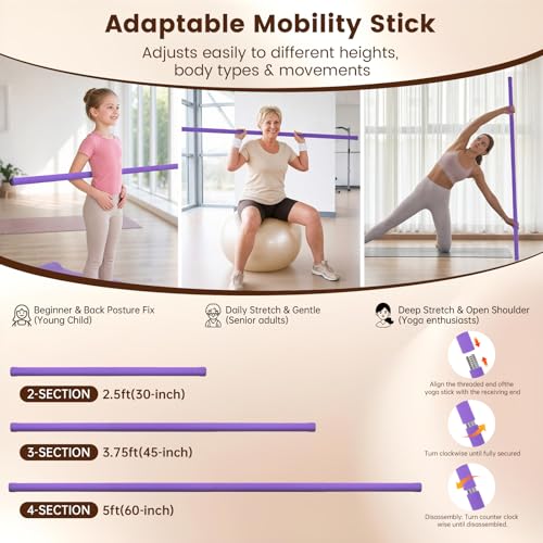 Yoga Stick, Upgraded 5ft Sturdy Steel Mobility Stick with 3 Adjustable Lengths, Versatile Exercise Stick with Non-Slip Foam Handles for Stretching, Fitness, Posture Correction, Physical Therapy